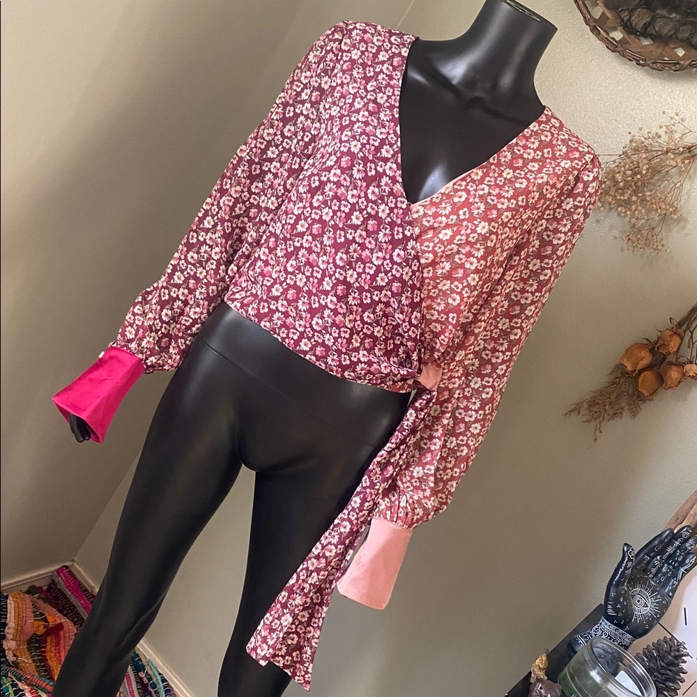 En Saison Floral Wrap Blouse - Pink and Burgundy NWTs